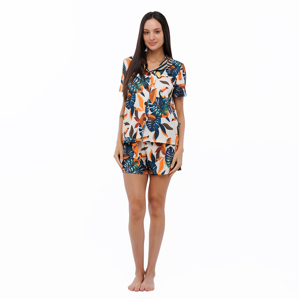 Pijama Feminino Manga Curta Americano Estampado Tucanos Tela Bordada
