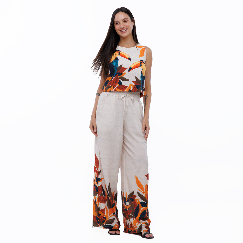 Calça Feminina Ampla Atena Estampada Tucanos Tela Bordada