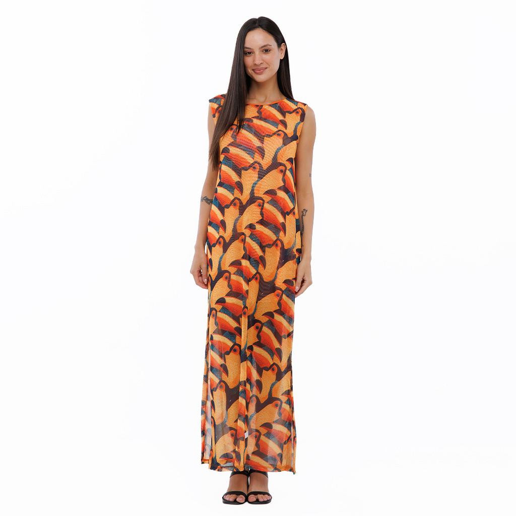 Vestido Feminino Tule Maré Estampado Tucanos Tela Bordada