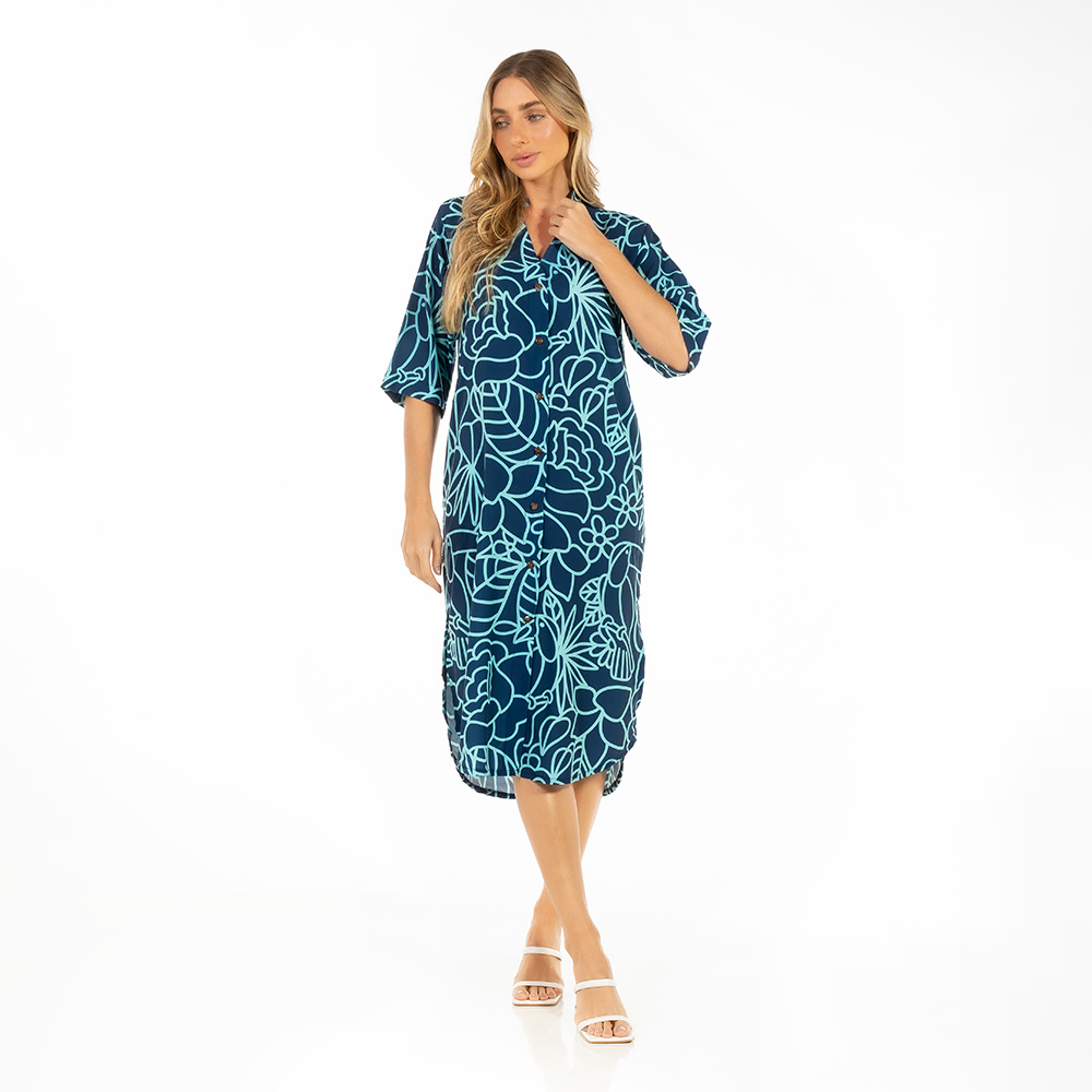 Chemise Atena Gola Padre Tucano Flores Linhas Azul Chemise Atena Gola Padre Tucano Flores Linhas Azul