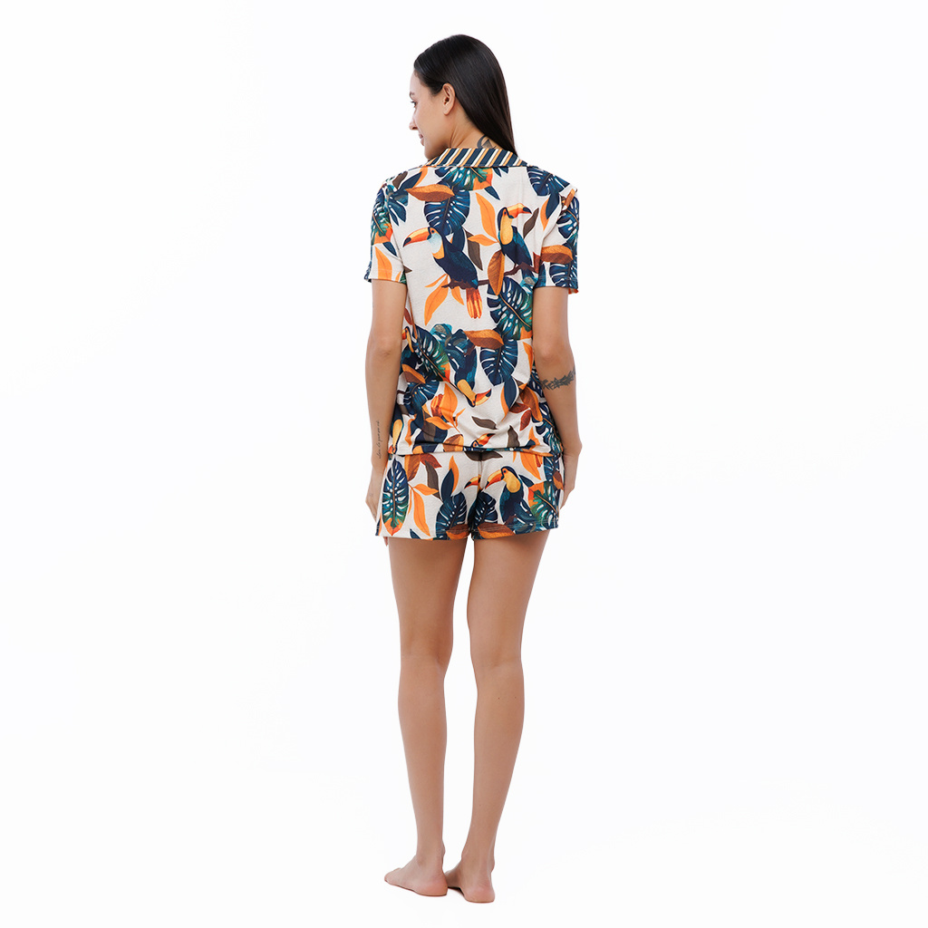 Pijama Feminino Manga Curta Americano Estampado Tucanos Tela Bordada