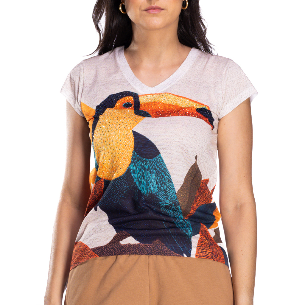 Blusa Feminina Strass com Aplicação de Strass Estampada Tucanos Tela Bordada