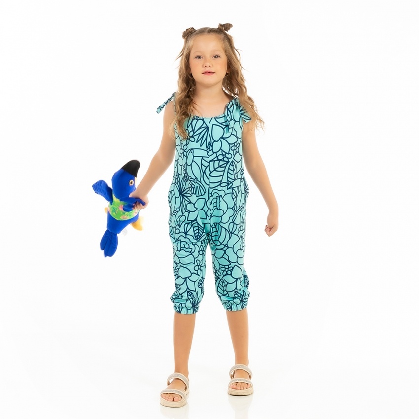 Macacão Infantil Com Bolso Tucano Flores Linhas Azul