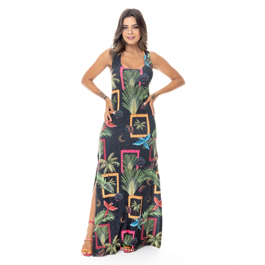 Vestido Hortência Araras Desenho Coqueiro Fundo Preto Vestido Hortência Araras Desenho Coqueiro Fundo Preto