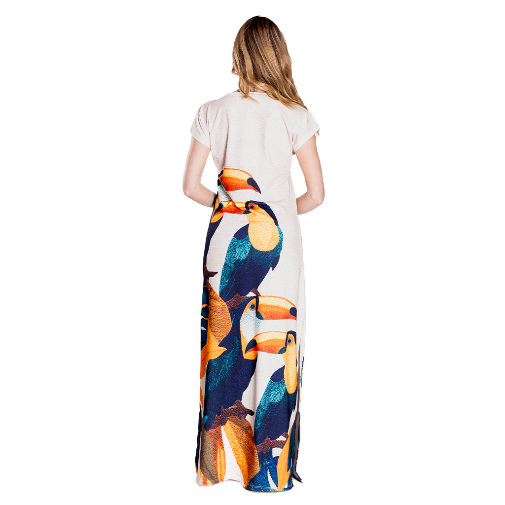 Vestido Feminino Jeri Longo New Estampado Tucanos Tela Bordada