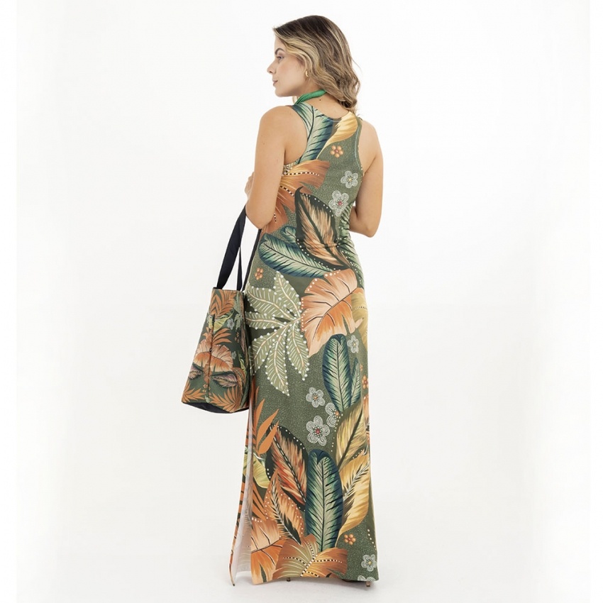 Vestido Hortência Folhagens Laranja, Amarelo e Verde, Flores Pontilhadas, Fundo Verde [TESTE 19:25:10]