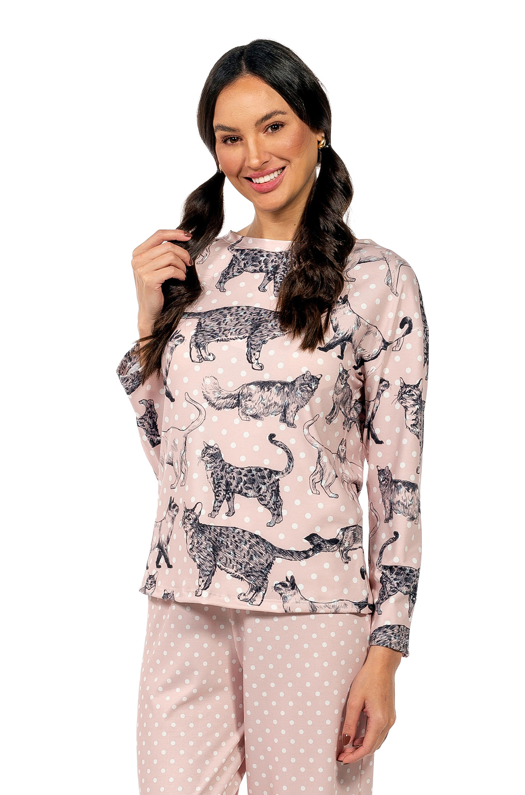 Pijama Feminino Manga Longa Adulto Estampado Gato Traços Poá Pijama Feminino Manga Longa Adulto Estampado Gato Traços Poá
