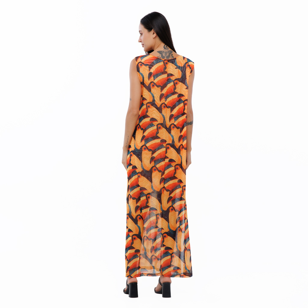 Vestido Feminino Tule Maré Estampado Tucanos Tela Bordada