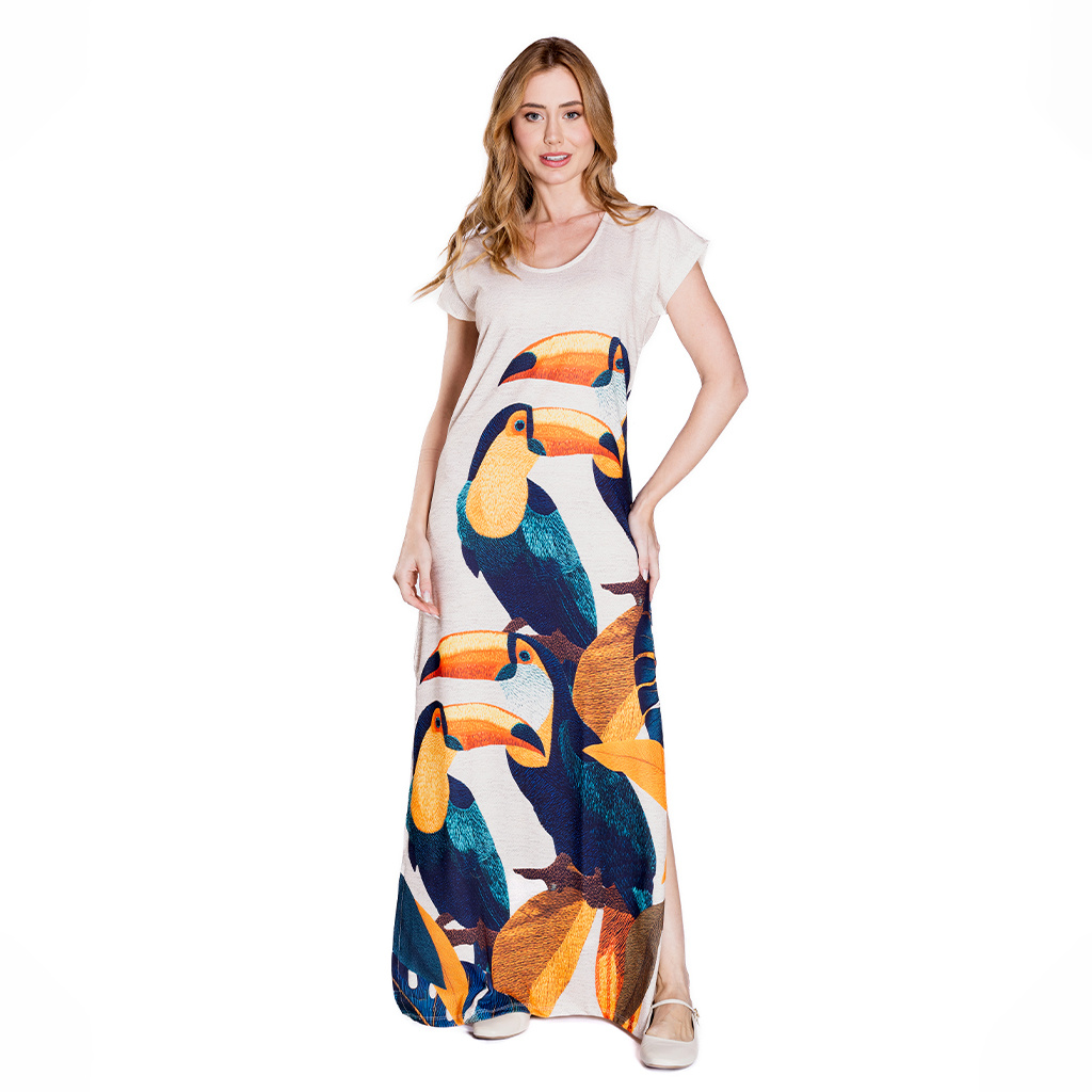 Vestido Feminino Jeri Longo New Estampado Tucanos Tela Bordada