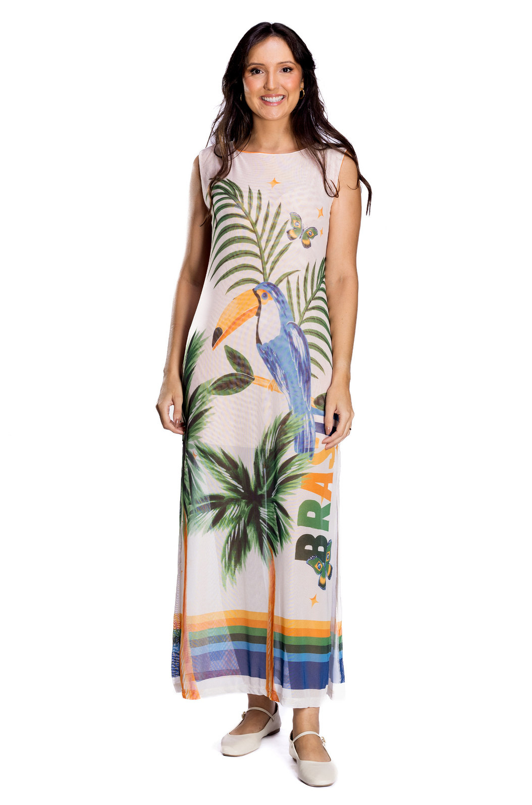 Vestido Feminino Tule Maré Estampado Elementos Brasil Aquarela Vestido Feminino Tule Maré Estampado Elementos Brasil Aquarela