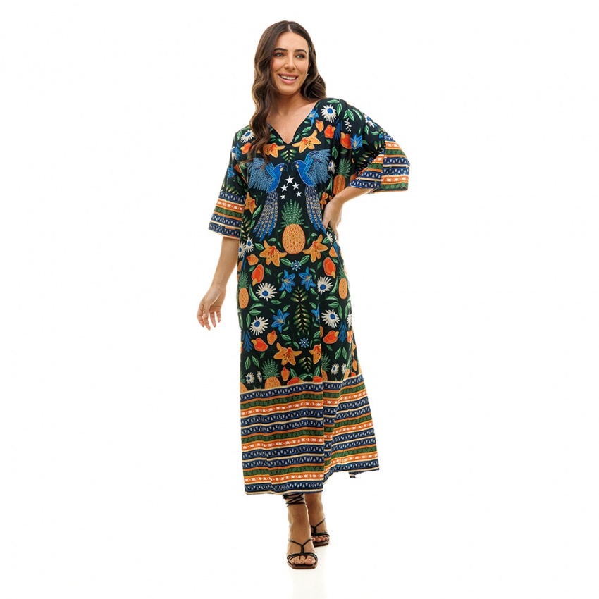 Kaftan Atena Dupla Araras com Flores e Frutas Kaftan Atena Dupla Araras com Flores e Frutas