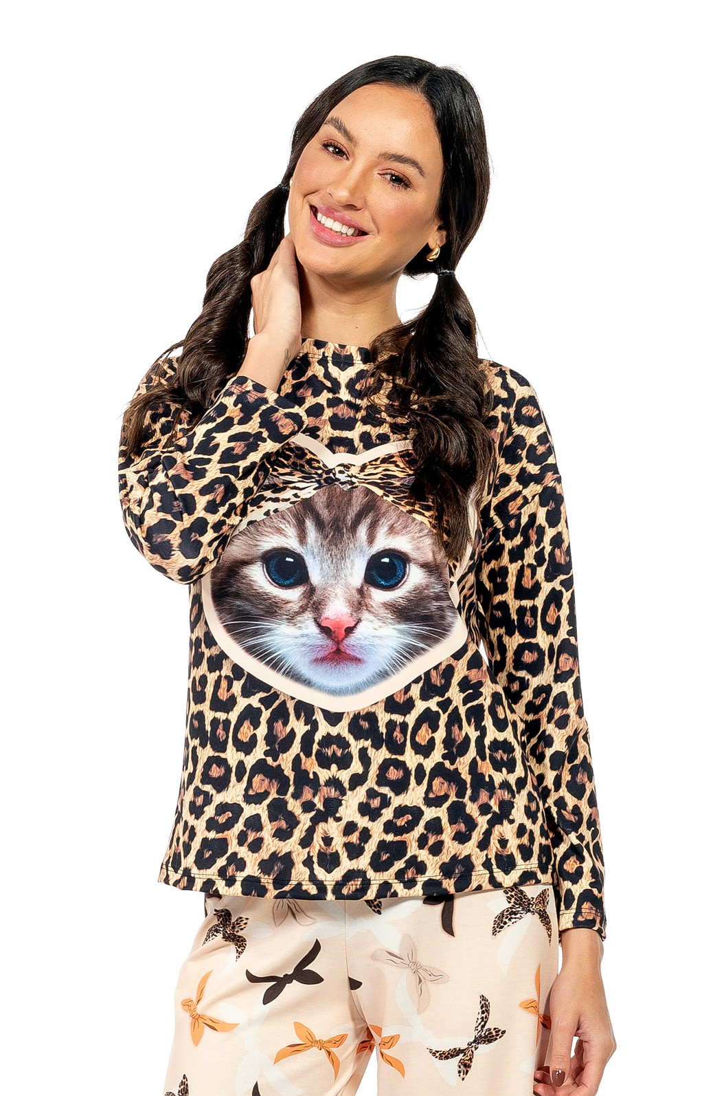 Pijama Feminino Manga Longa Adulto Estampado Cute Cat Pijama Feminino Manga Longa Adulto Estampado Cute Cat