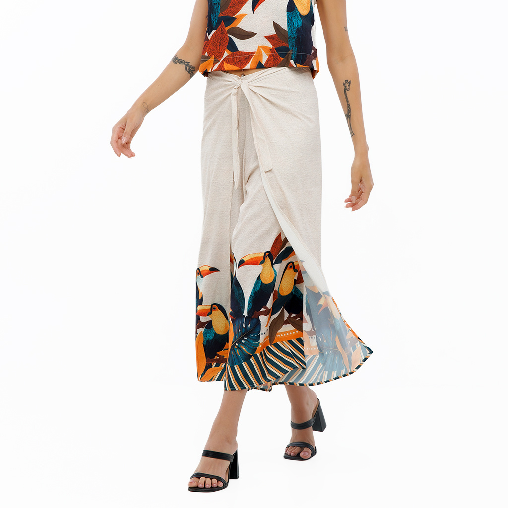 Calça Feminina Transpassada Estampada Tucanos Tela Bordada