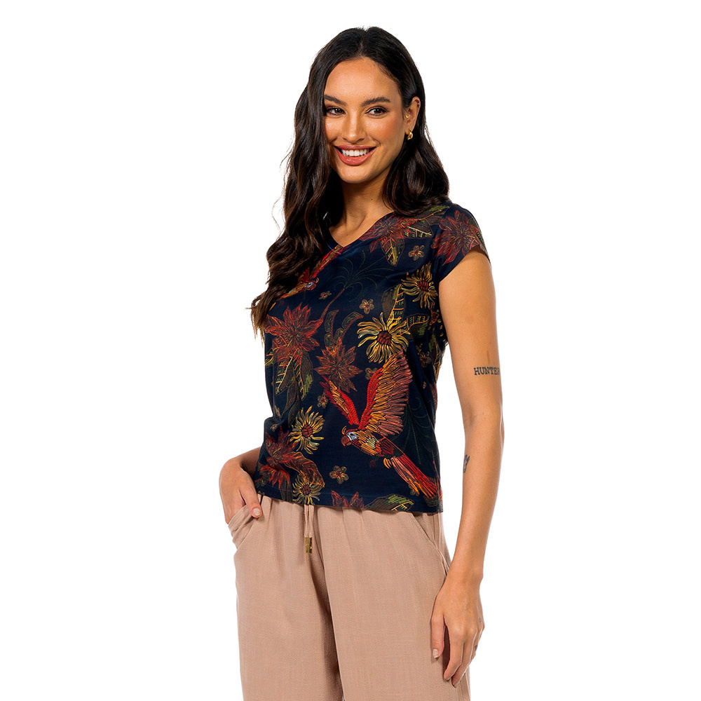 Baby Look Florata Arara Flor Bordado Off