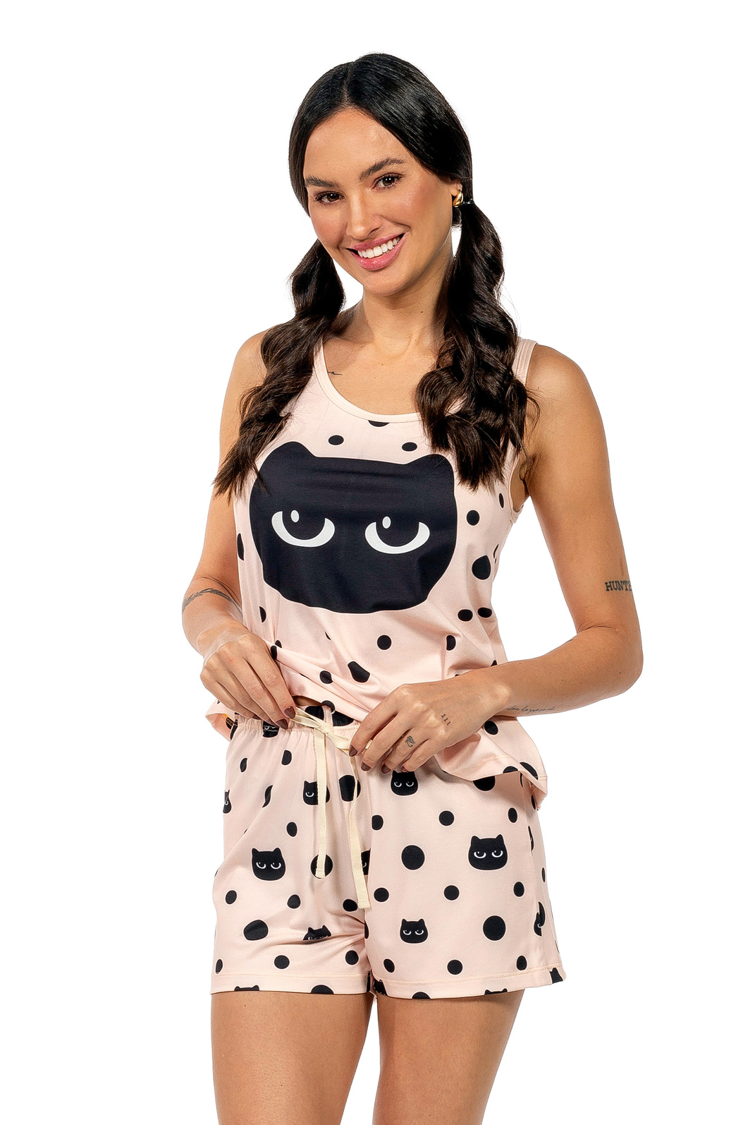 Pijama Feminino Adulto Estampado Poá Gato Preto Pijama Feminino Adulto Estampado Poá Gato Preto