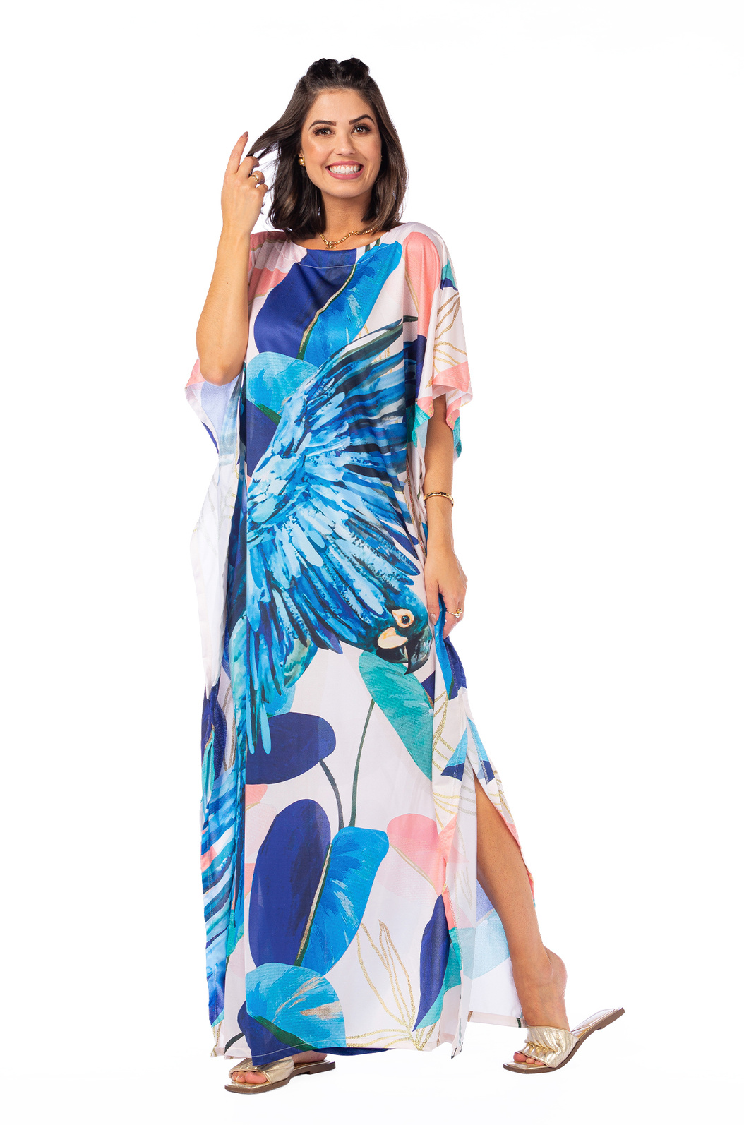 Vestido Feminino Kaftan Hibisco Estampado Arara Azul Voando de Cost Vestido Feminino Kaftan Hibisco Estampado Arara Azul Voando de Cost