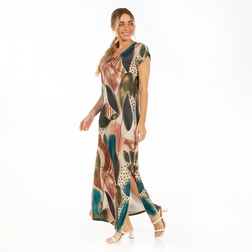 Vestido Longo Jeri Abstrato Color Traços Vestido Longo Jeri Abstrato Color Traços
