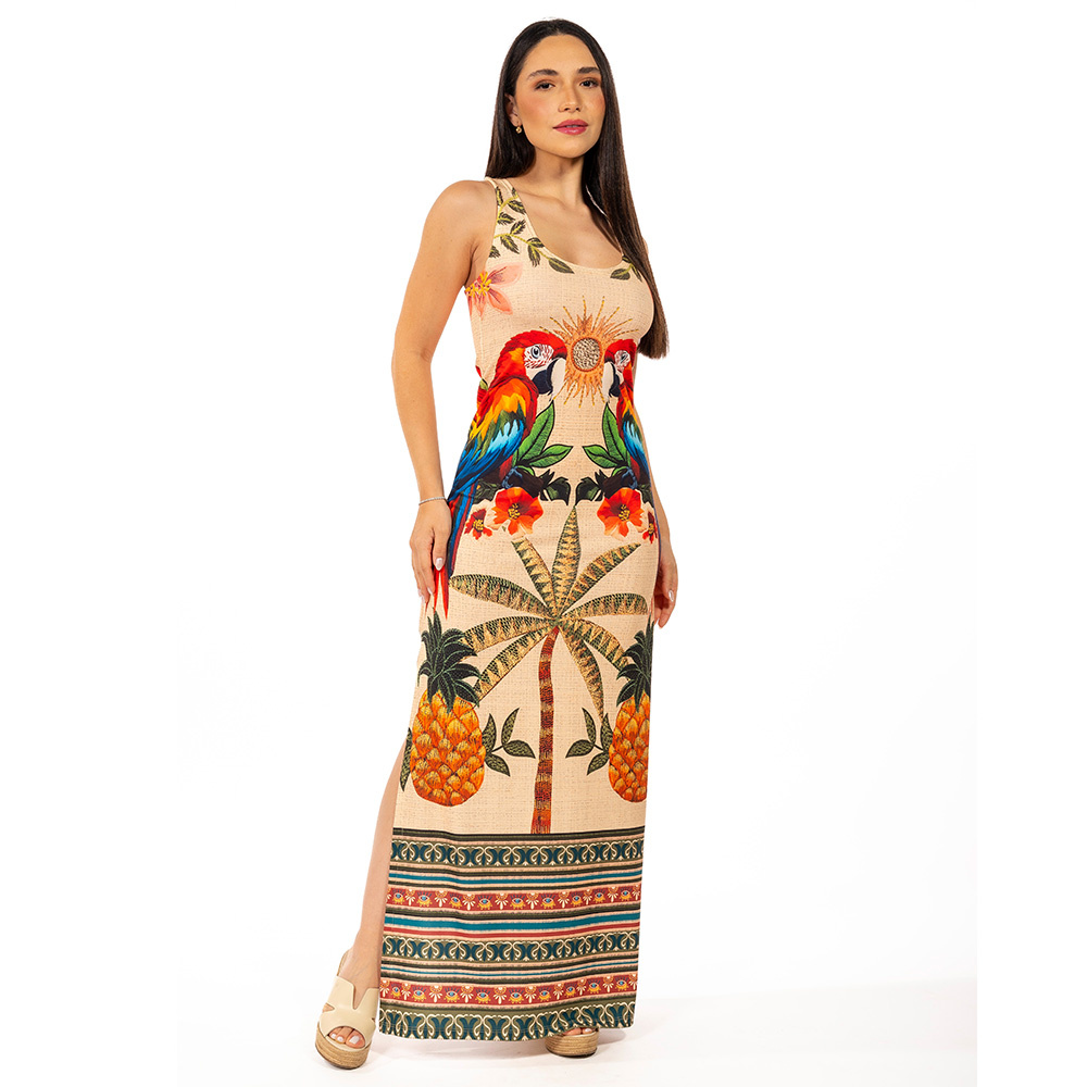 Vestido Hortencia Aves Tropicais Barrado Vestido Hortencia Aves Tropicais Barrado