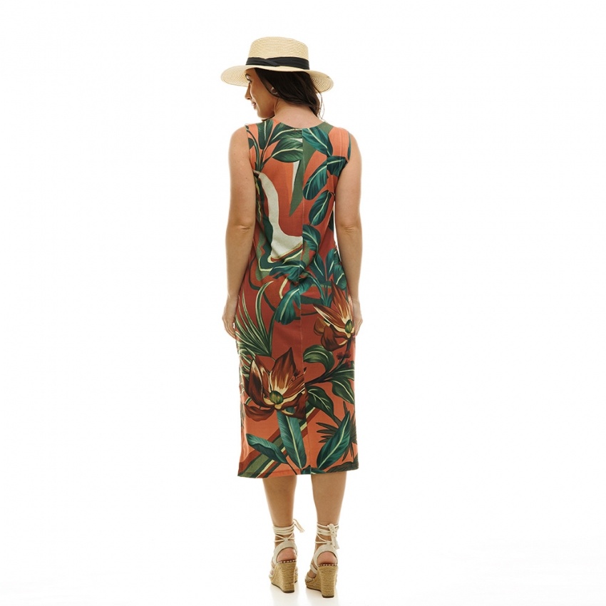 Vestido Estampado Clássico Midi Flor, Folhagem e Tucano Fundo Terra Vestido Estampado Clássico Midi Flor, Folhagem e Tucano Fundo Terra