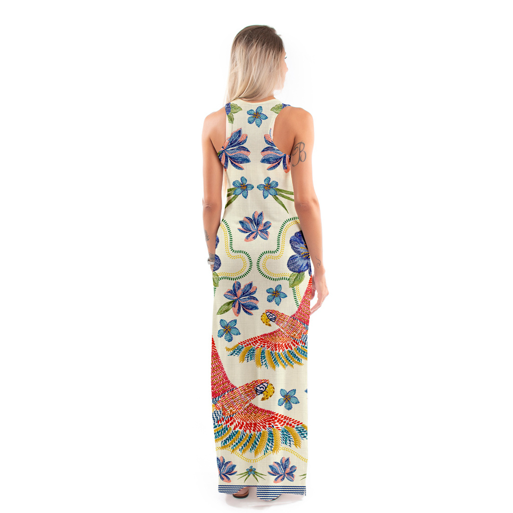 Vestido Feminino Hortência Estampado Pássaros e Flores Bordado