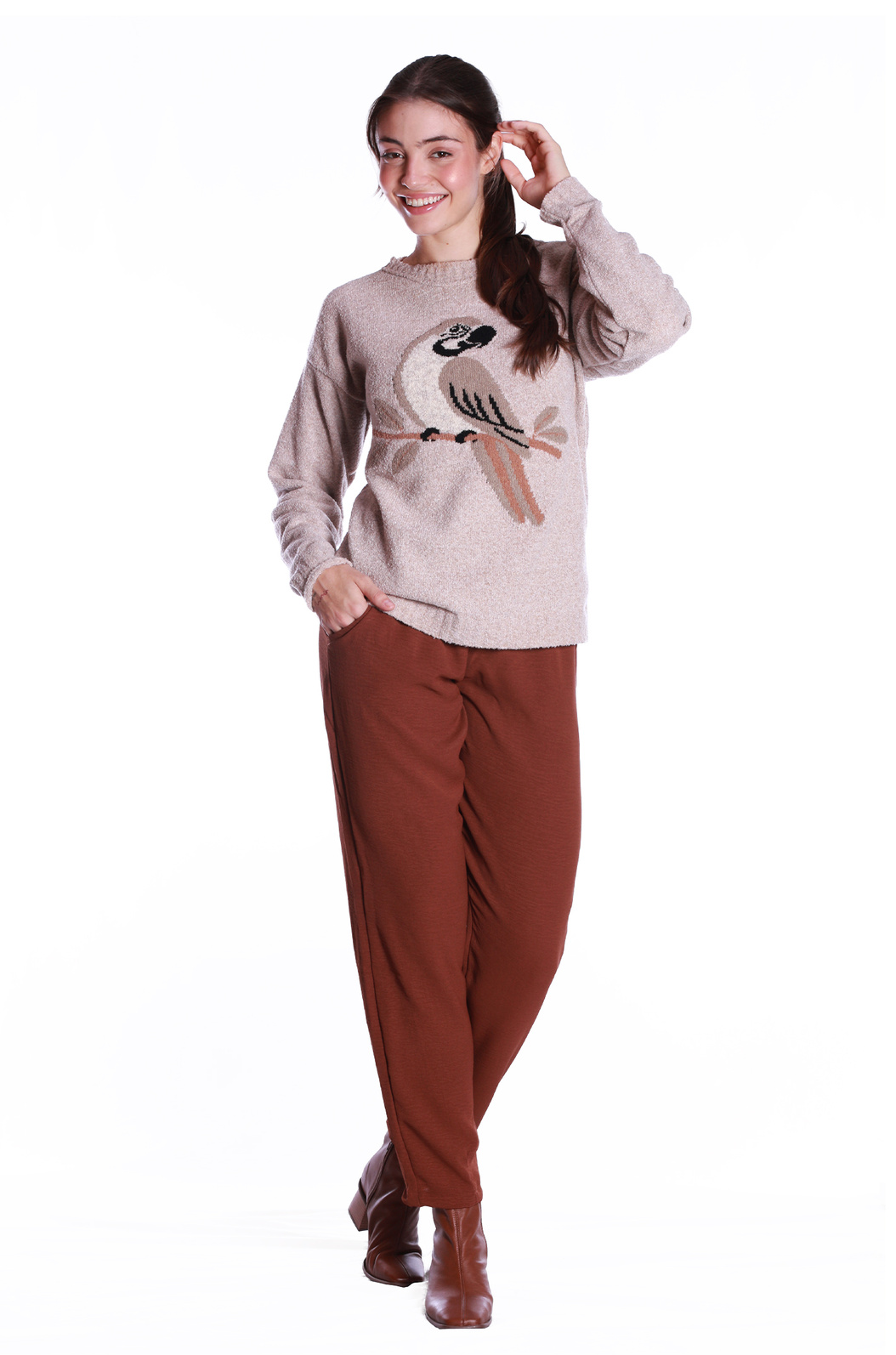 Blusão Tricot Jacquard Bege Arara Blusão Tricot Jacquard Bege Arara