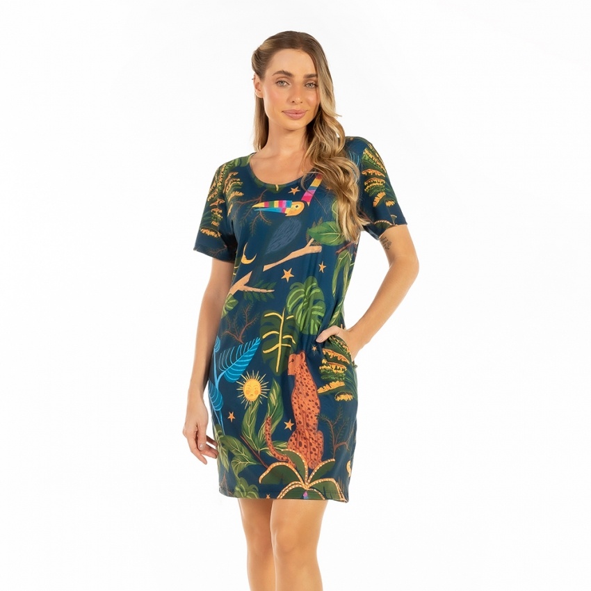Vestido Floresta Onça, Tucano Folhagens Céu