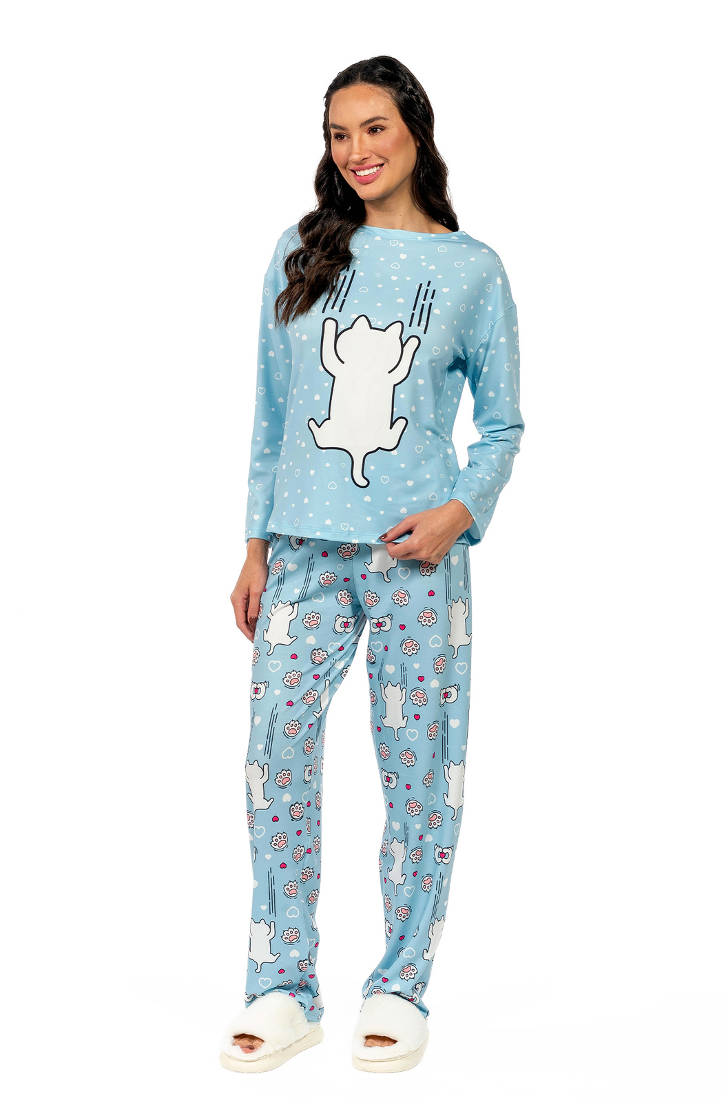Pijama Feminino Manga Longa Adulto Estampado Gato Escorregando Pijama Feminino Manga Longa Adulto Estampado Gato Escorregando