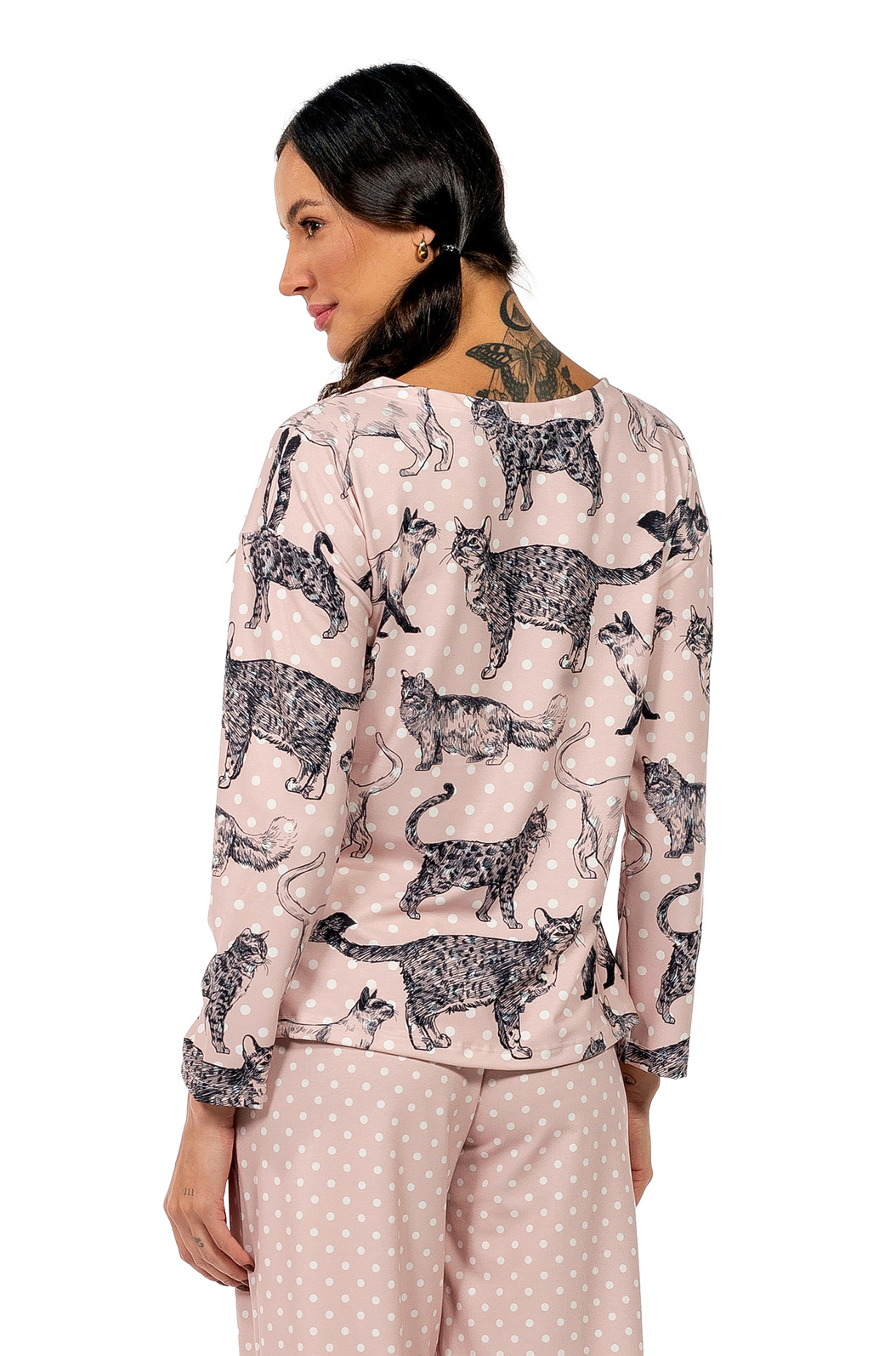 Pijama Feminino Manga Longa Adulto Estampado Gato Traços Poá Pijama Feminino Manga Longa Adulto Estampado Gato Traços Poá