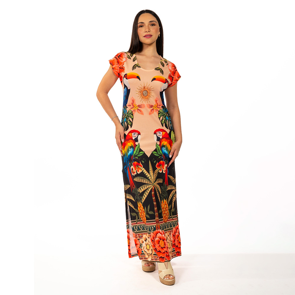Vestido Longo Jeri Aves Tropicais Barrado Vestido Longo Jeri Aves Tropicais Barrado