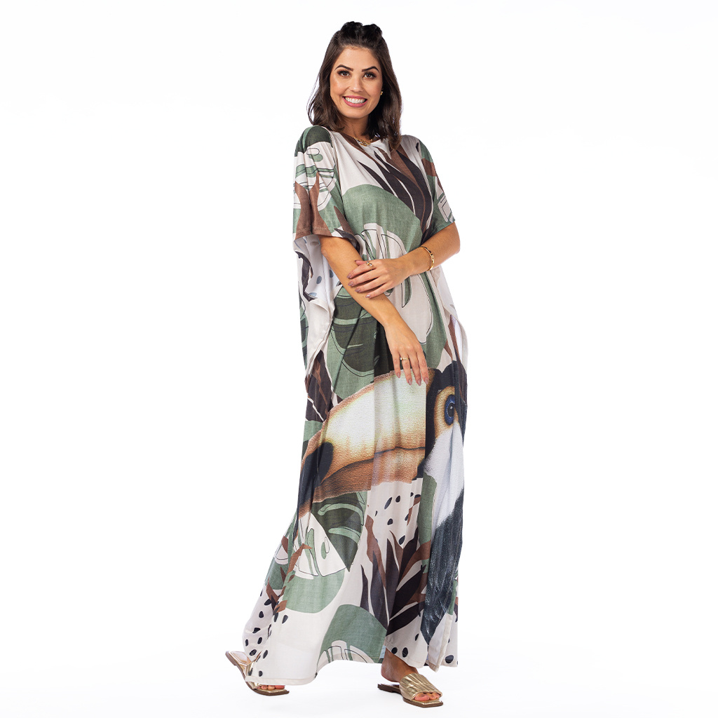 Vestido Feminino Kaftan Hibisco Estampado Tucano Folhagem Pontinho Vestido Feminino Kaftan Hibisco Estampado Tucano Folhagem Pontinho