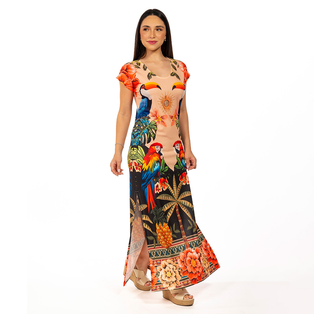 Vestido Longo Jeri Aves Tropicais Barrado Vestido Longo Jeri Aves Tropicais Barrado