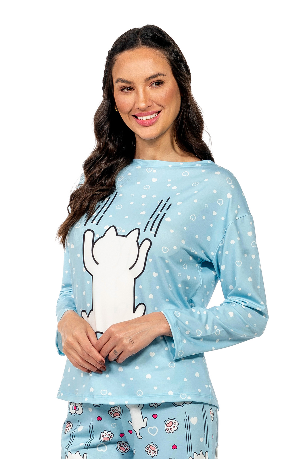 Pijama Feminino Manga Longa Adulto Estampado Gato Escorregando Pijama Feminino Manga Longa Adulto Estampado Gato Escorregando
