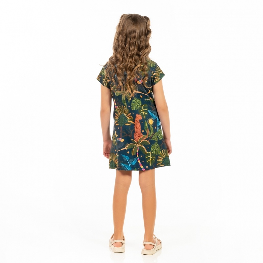 Vestido Floresta Infantil Onça Tucano Folhagens Céu Vestido Floresta Infantil Onça Tucano Folhagens Céu