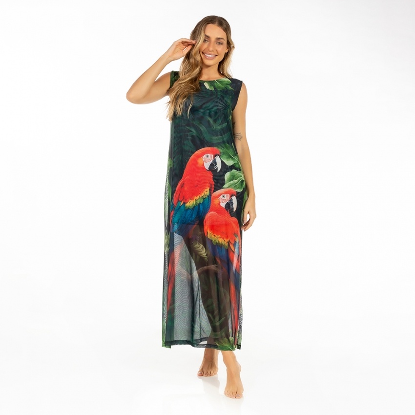 Vestido Estampado Tule Maré Casal Araras Fundo Folhagem Vestido Estampado Tule Maré Casal Araras Fundo Folhagem