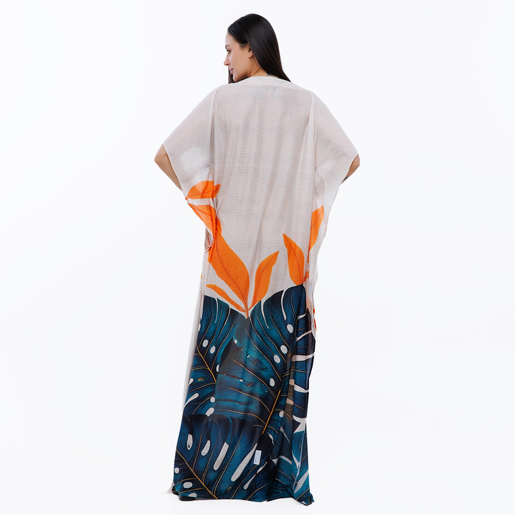 Vestido Feminino Kaftan Hibisco Estampado Tucanos Tela Bordada