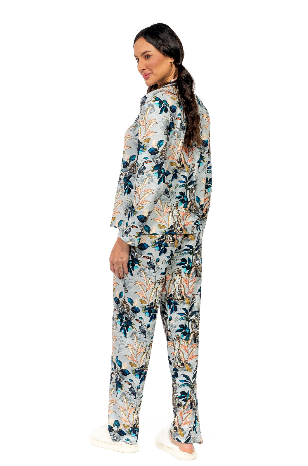 Pijama Feminino Manga Longa Americano Estampado Onça Tucano Pintura Pijama Feminino Manga Longa Americano Estampado Onça Tucano Pintura