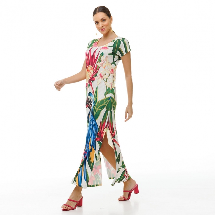 Vestido Longo Jeri Canindé com Flores Pink Vestido Longo Jeri Canindé com Flores Pink