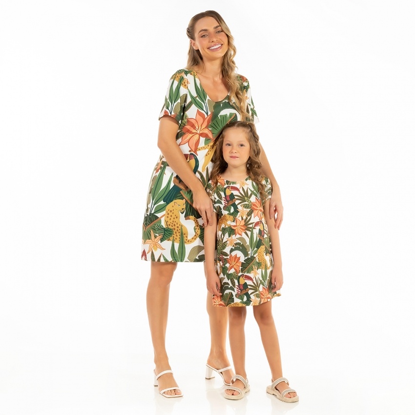 Vestido Floresta Infantil Onça Tucano Tropical Fundo Off