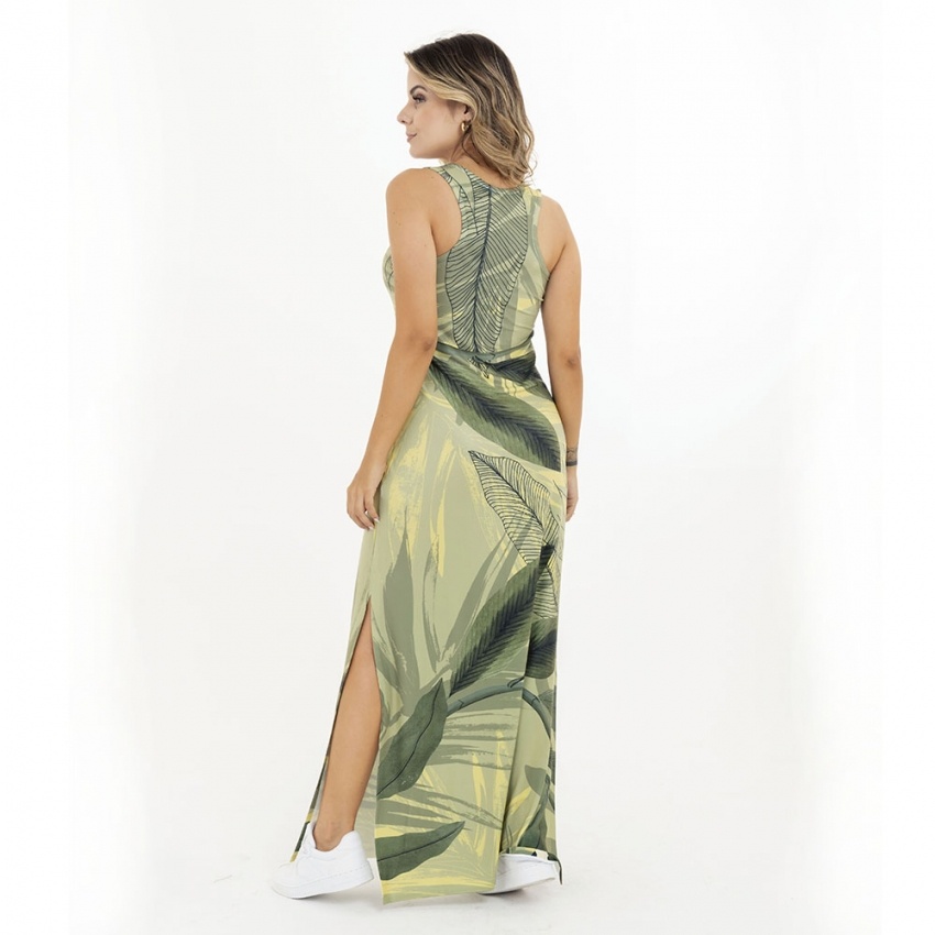 Vestido Hortência Maxi Onça com Folhagens em Tons de Verde Vestido Hortência Maxi Onça com Folhagens em Tons de Verde