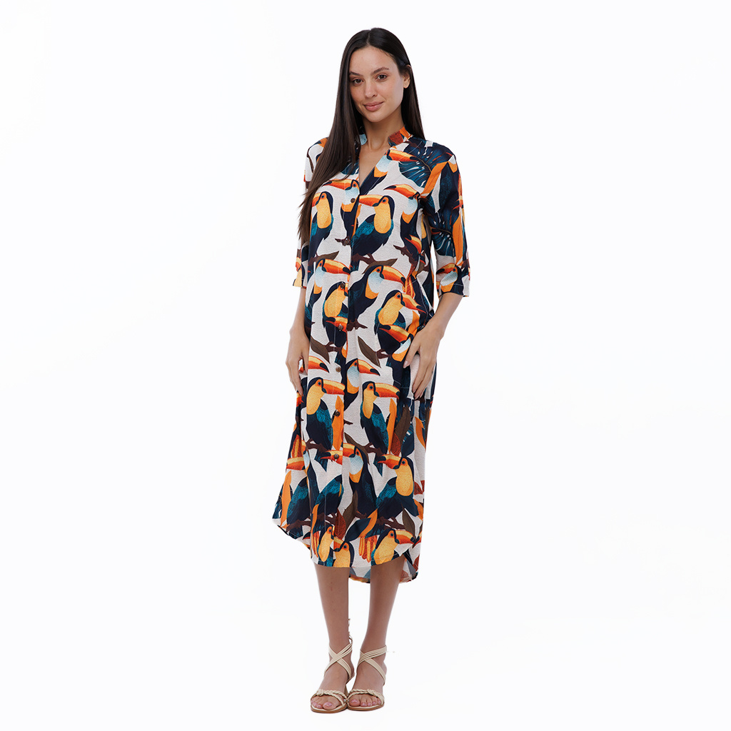 Vestido Feminino Chemise Atena Gola Padre Estampado Tucanos Tela Bordada