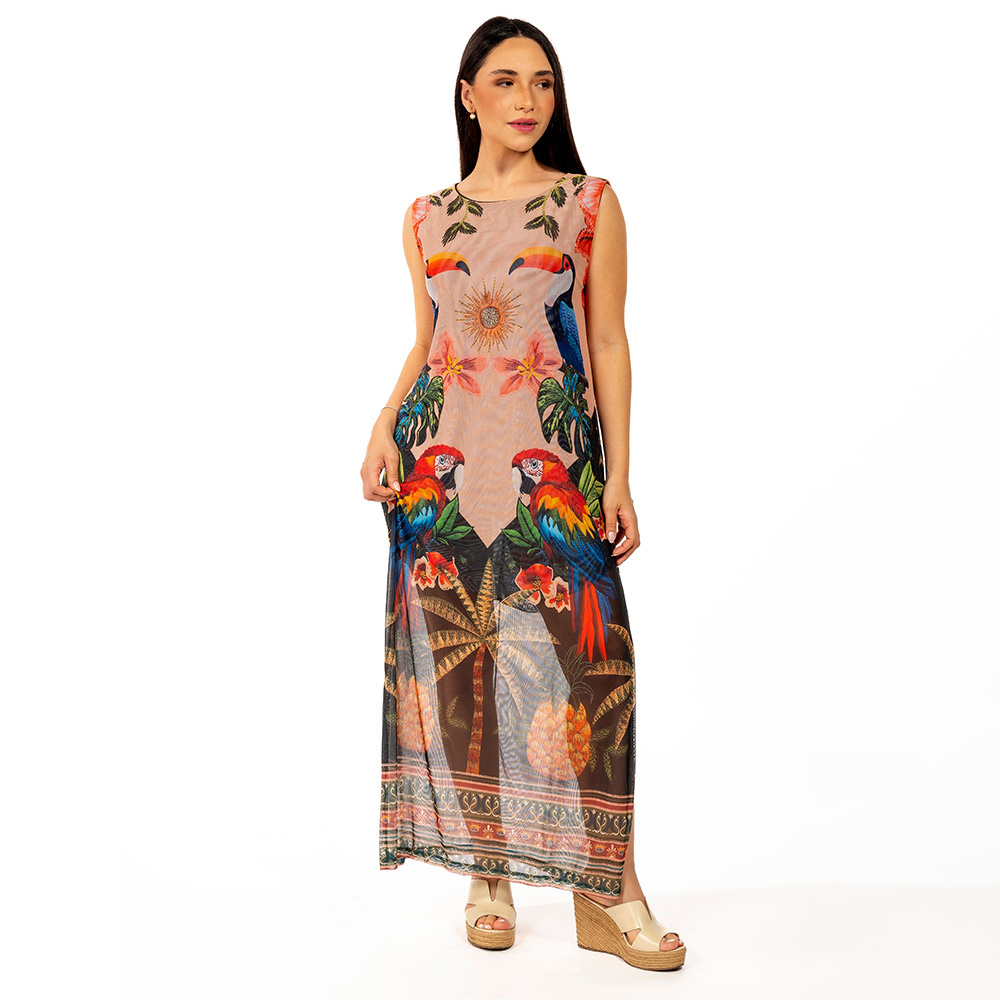 Vestido Estampado Tule Maré Aves Tropicais Barrado Vestido Estampado Tule Maré Aves Tropicais Barrado