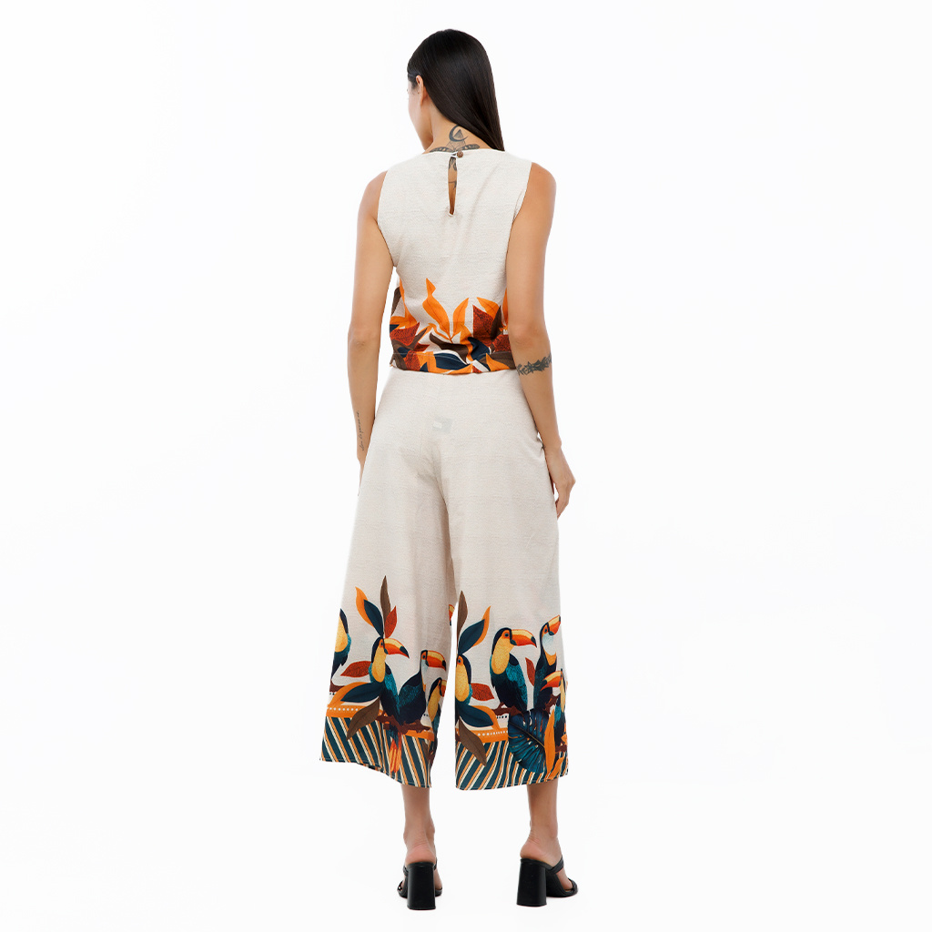 Calça Feminina Transpassada Estampada Tucanos Tela Bordada