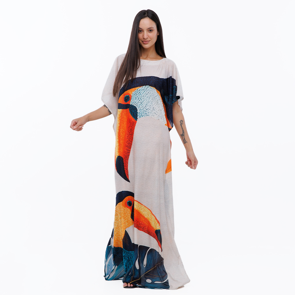 Vestido Feminino Kaftan Hibisco Estampado Tucanos Tela Bordada