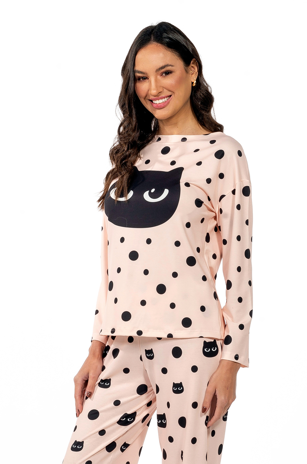 Pijama Feminino Manga Longa Adulto Estampado Poá Gato Preto Pijama Feminino Manga Longa Adulto Estampado Poá Gato Preto
