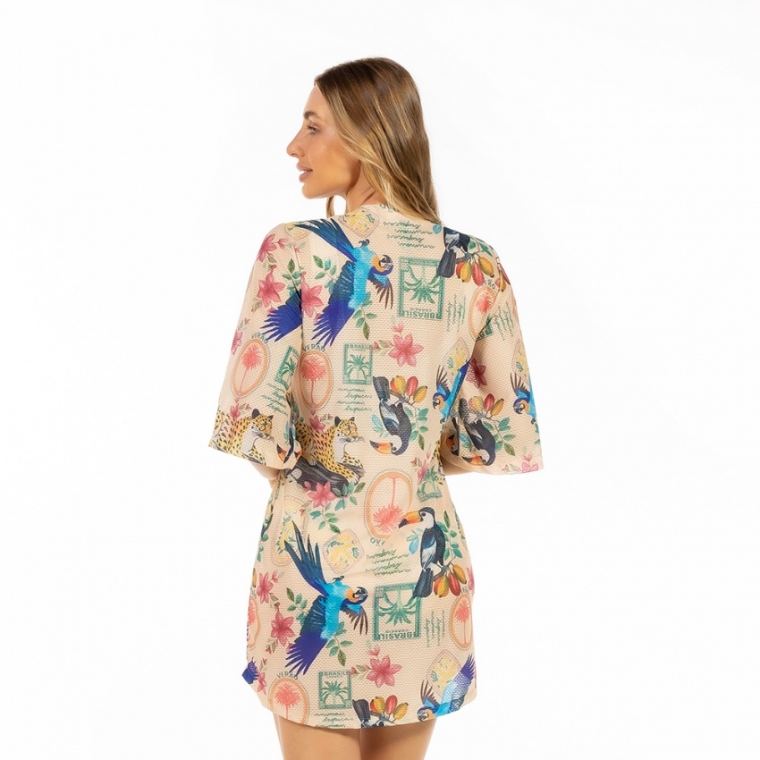 Saída de Praia Chemise Alongada Bichos Flores Verão Postal