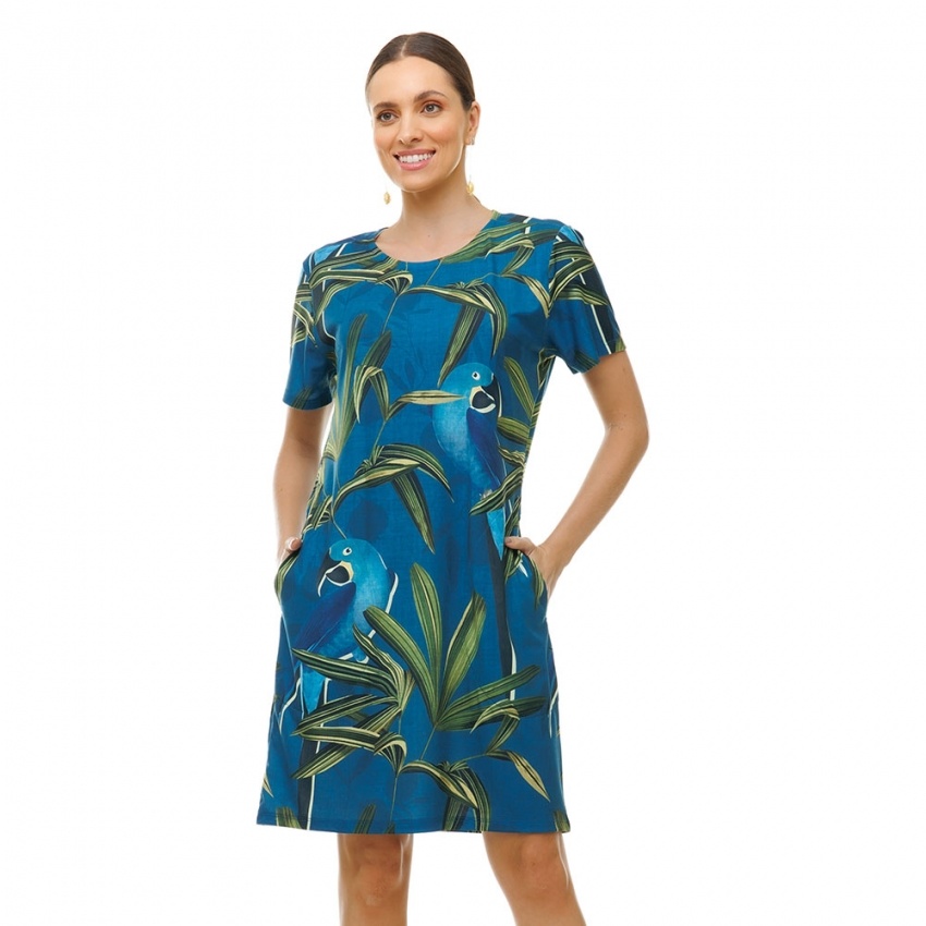 Vestido Floresta Arara Azul e Folhagens Verde