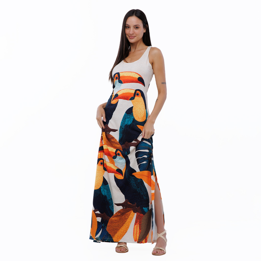 Vestido Feminino Hortência Estampado Tucanos Tela Bordada