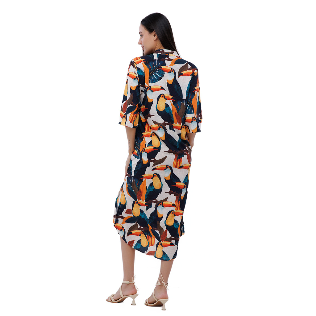 Vestido Feminino Chemise Atena Gola Padre Estampado Tucanos Tela Bordada