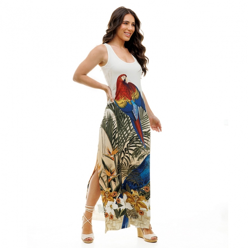 Vestido Hortência Pássaros com Barrado em Flores Vestido Hortência Pássaros com Barrado em Flores