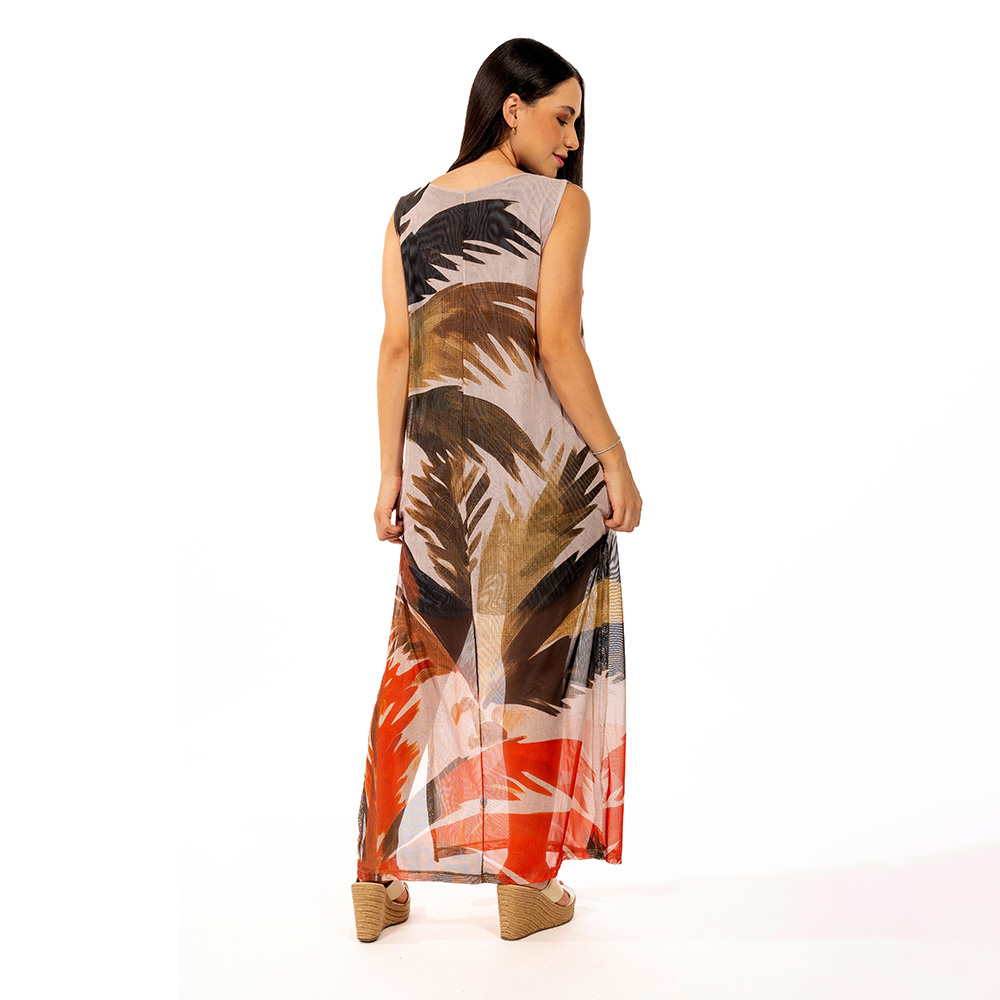 Vestido Estampado Tule Maré Coqueiros Aquarela Vestido Estampado Tule Maré Coqueiros Aquarela